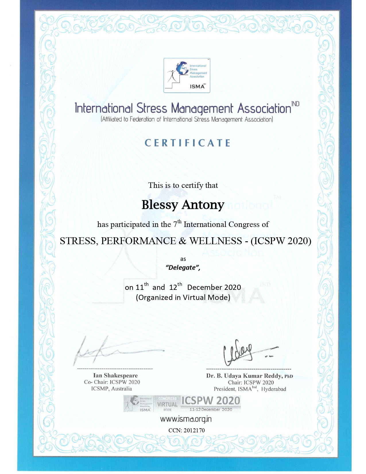 Blessy Antony certificate of international stress management page 0001